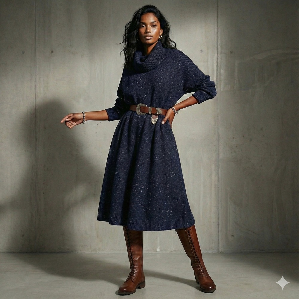 Talbots Navy Blue Speckled Cowl Neck Sweater Dress M Cotton Blend Cozy Oversized